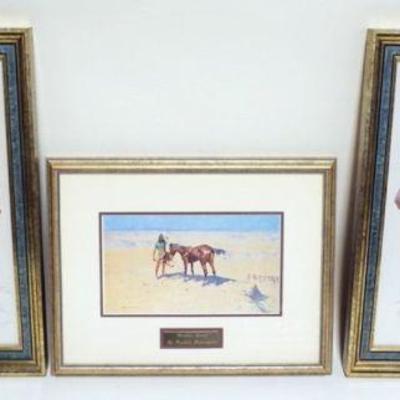 1093	3 FRAMED AND MATTED FREDERIC REMINGTON PRINTS, AL CAVALRY OFFICER, RIDDEN DOWN, A BREED
