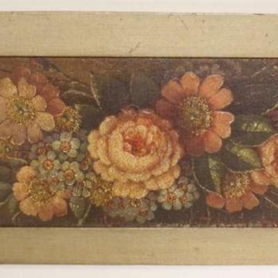 1085	ANTIQUE OIL PAINTING ON BOARD, FLORAL STILL LIFE, APPROXIMATELY 23 IN X 10 IN OVERALL
