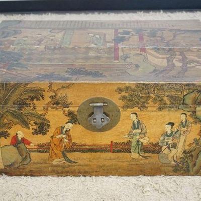 1134	ASIAN WOOD PAPER COVERED AND PAINT DECORATED STORAGE CHEST, APPROXIMATELY 31 IN X 21 IN X 14 IN H
