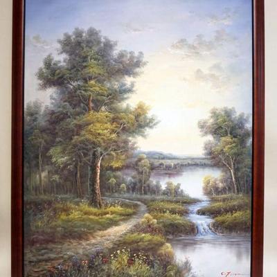 1091	CONTEMPORARY OIL PAINTING ON CANVAS, LANDSCAPE WOODED STREAM, ARTIST SIGNED, APPROXIMATELY 40 IN X 52 IN OVERALL
