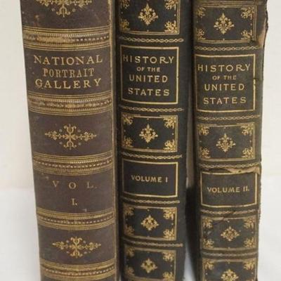 1081	ANTIQUE BOOKS, NATIONAL PORTRAIT GALLERY VOL 1 1862, HISTORY OF UNITED STATES VOL 1 & 2, SOME FOXING AND LOOSE SPINES ON BOOK
