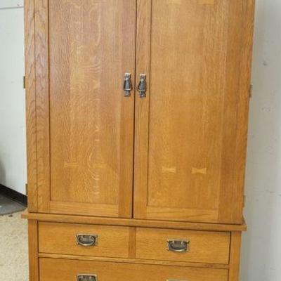 1181	MISSION OAK ARTS & CRAFTS STYLE WARDROBE, 2 PIECE, 2 DOORS OVER 4 DRAWERS W/BUTTERFLY INLAY, BASSET LEGEND, APPROXIMATELY 38 IN...