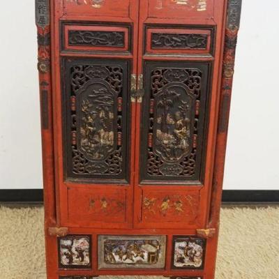 1138	ANTIQUE POLYCHROME ASIAN 2 DOOR CABINET WITH ORNATE PIERCED CARVED DOORS, APPROXIMATELY 16 IN X 27 IN X 59 IN H
