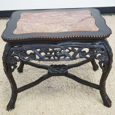 1126	ORNATE ANTIQUE ASIAN PIERCED CARVED TABLE WITH INSET MARBLE, APPROXIMATELY 23 IN X 18 IN X 19 IN H, MARBLE CRACKED
