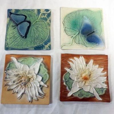 1060	NATALIE SURVING ARCHITECTURAL TILES, SURVING STUDIOS, BUTTERFLY AND FLOWER TILES, EACH APPROXIMATELY 6 IN X 6 IN, 4 TILES
