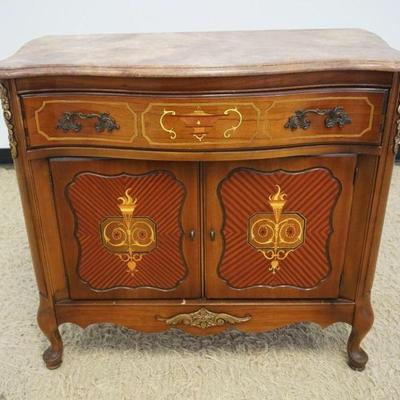 1143	FAUX MARBLE TOP PAINT DECORATED FRENCH PROVINCIAL CHEST WITH 1 DRAWER OVER 2 DOORS, APROXIMATELY 36 IN X 17 IN X 33 IN H
