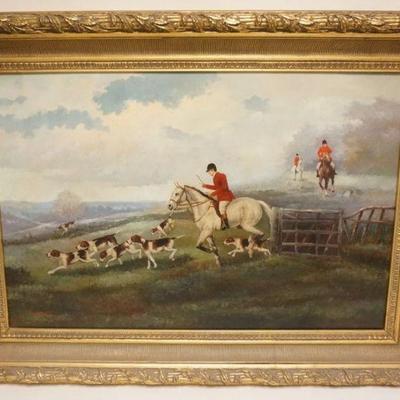 1103	LARGE CONTEMPORARY OIL PAINTING ON CANVAS, HUNT SCENE, SIGNED M. ROGERS, APPROXIMATELY 45 IN X 33 IN OVERALL
