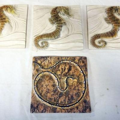 1072	NATALIE SURVING ARCHITECTURAL TILES, SURVING STUDIOS, SEAHORSE AND SNAKE TILES, EACH APPROXIMATELY 6 IN X 6 IN, 4 TILES
