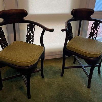 WWW016 Pair Of Chinese Carved Wooden Arm Chairs