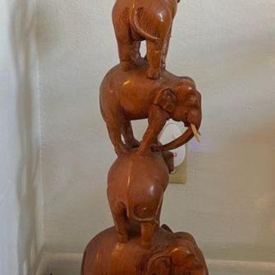 WWW007 Carved Wooden Elephants Sculpture 