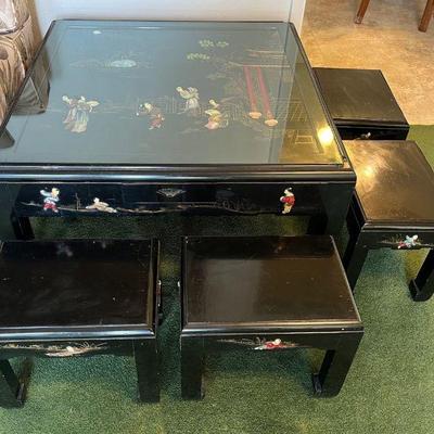 WWW022 Chinese Black Lacquered Coffee Table With Four Stools