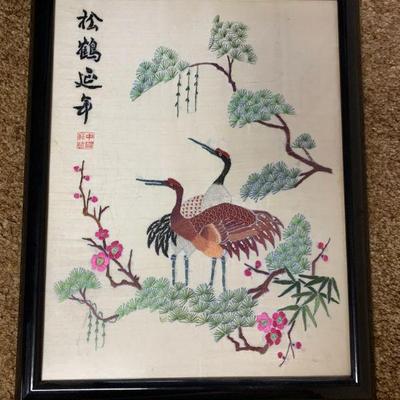 WWW044 Framed Crane Embroidery Art