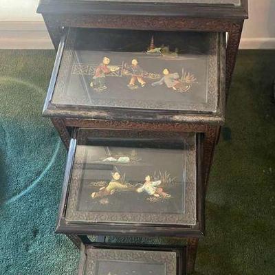 WWW029 Four Piece Asian Nesting Tables/Stand Set w/Design