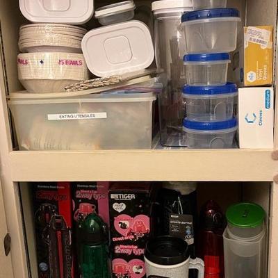 WWW185 Kitchen Lot Including Tiger SS Bottles, Paper Goods, Food Storage Containers