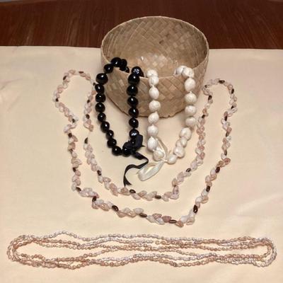 WWW303 Woven Basket, Shell & Kukui Nut Leis