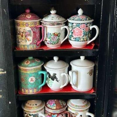 WWW014- Huge Collection of Ceramic Chinese Lidded Mugs