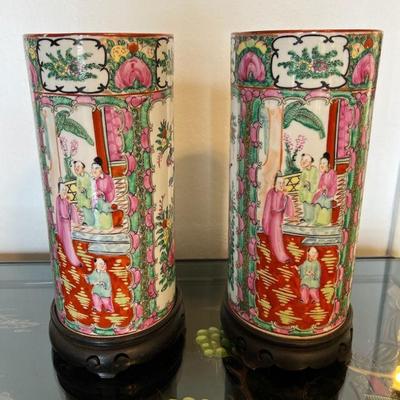 WWW021 Pair Of Chinese Porcelain Rose Medallion Vases On Wooden Stands