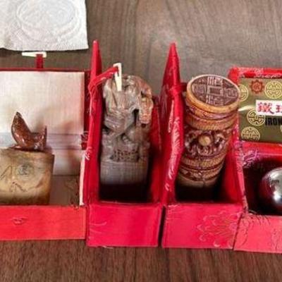 WWW088- Carved Stone Chinese Chops And Iron Baoding Balls 