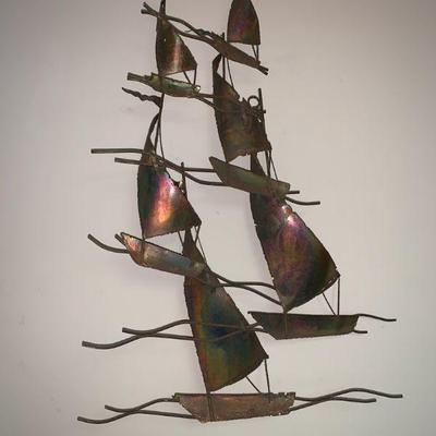 WWW042 Mid Century Modern Copper Wallhanging Sculpture of Sailboats