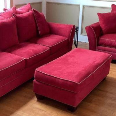 Red Couch, Love Seat and Ottoman