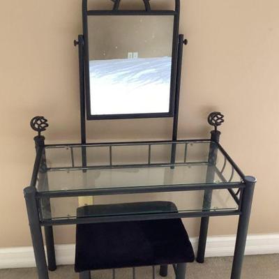 Glass Top Vanity with Black Frame and Mirror