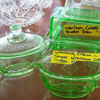 Anchor Hocking Princess Glowing Uranium Depression Glass Cream & Covered Sugar Bowl W/Lid Set / Butter Dish