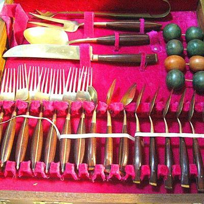 Vintage Thailand JAMES Bronzeware Flatware Set Complete with Chopstick Rests