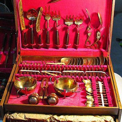 Vintage Thailand 170 Piece JAMES Bronzeware Flatware Set Complete with Wood Storage Case