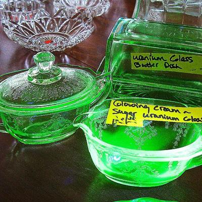 Anchor Hocking Princess Glowing Uranium Depression Glass Cream & Covered Sugar Bowl W/Lid Set / Butter Dish