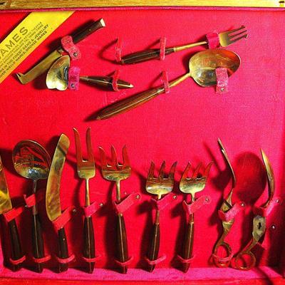 Vintage Thailand 170 Piece JAMES Bronzeware Flatware Set Complete with Wood Storage Case