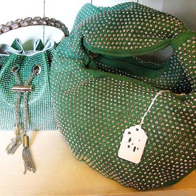 Sparkle Green and Silver Drawstring Chain Crossbody Purse Unique! Sparkle Studded Cute Green Knotted Bags