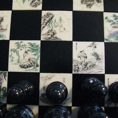 Vintage Chess Japanese Set Carved Soapstone  Pieces Wood Folding Board with Etched Tiles - Drawers on each end for Chess Pieces