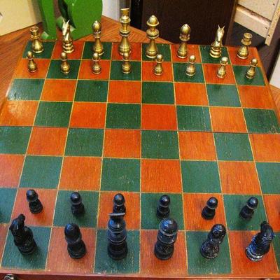 Antique Vintage Brass and Cast Iron Wood Board Chess Set