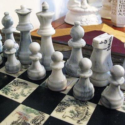 Vintage Chess Japanese Set Carved Soapstone  Pieces Wood Folding Board with Etched Tiles - Drawers on each end for Chess Pieces
