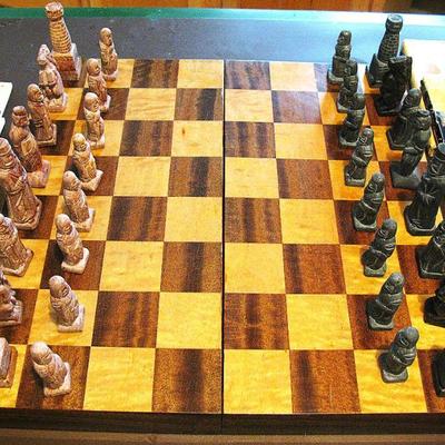 Vintage Korean Hand Carved Soap Stone and Wood Folding Board Travel Chess Set