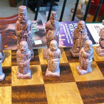 Vintage Korean Hand Carved Soap Stone and Wood Folding Board Travel Chess Set
