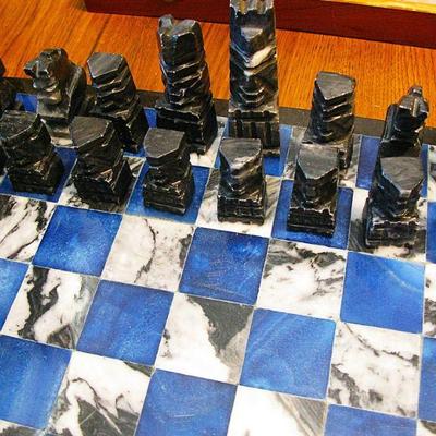 Blue Lapis Lazuli Stone Elegant Chess Board with Matching Checkers