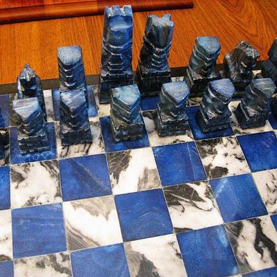 Blue Lapis Lazuli Stone Elegant Chess Board with Matching Checkers