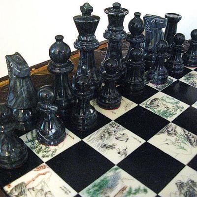Vintage Chess Japanese Set Carved Soapstone  Pieces Wood Folding Board with Etched Tiles - Drawers on each end for Chess Pieces