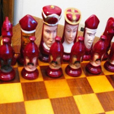 Vintage Rare Jumbo Medieval Duncan Red & Black Hand Painted Chess Set
