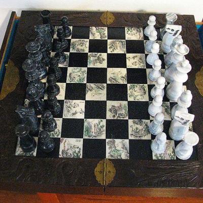 Vintage Chess Japanese Set Carved Soapstone  Pieces Wood Folding Board with Etched Tiles - Drawers on each end for Chess Pieces