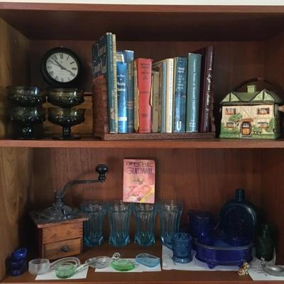 Depression Glass, Old Books, Antique Coffee Grinder
