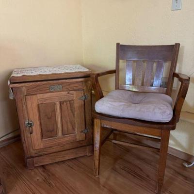 Antique White Clad Ice Box End Table + & Possibly Antique Tiger Oak Library Chair