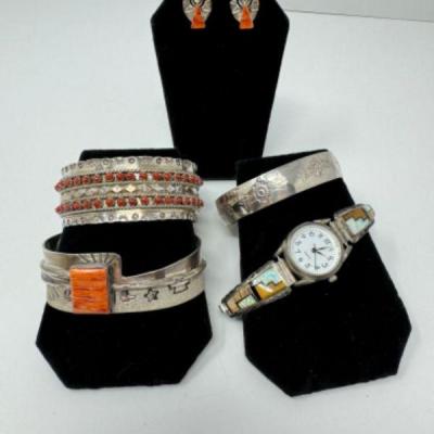 ﻿Sterling Silver Zuni Coral Cuff, Bangle, & Turquoise Watch