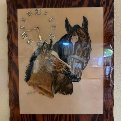 	Vintage Ole Larsen Horse Lithograph Lacquered on Wood w/ Clock