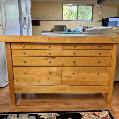 Wooden Kitchen Island/Buffet w/ Butcher Block Top & Drawers
