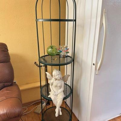 Four-Tier Green Plant Metal Stand w/ Sitting Fairy & Blown Glass Art
