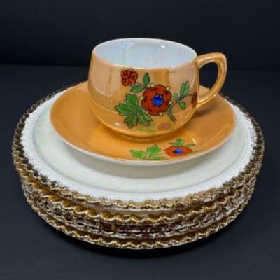 1930s Chikaramachi Cup & Saucer + Pearl China Scalloped Plates, 22K Gold Trim