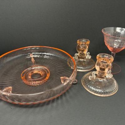 Pink Depression Glass Set: Bowl, Candleholders, & Stemware