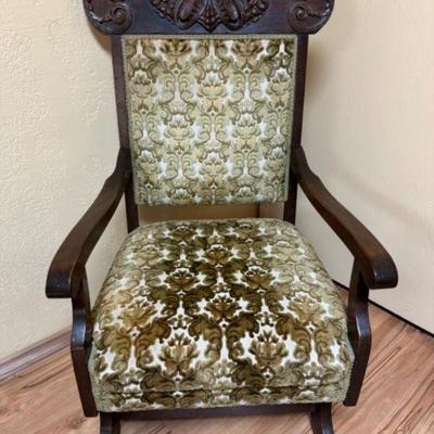 Victorian American Style Rocking Chair in Olive & Gold Velvety Fabric